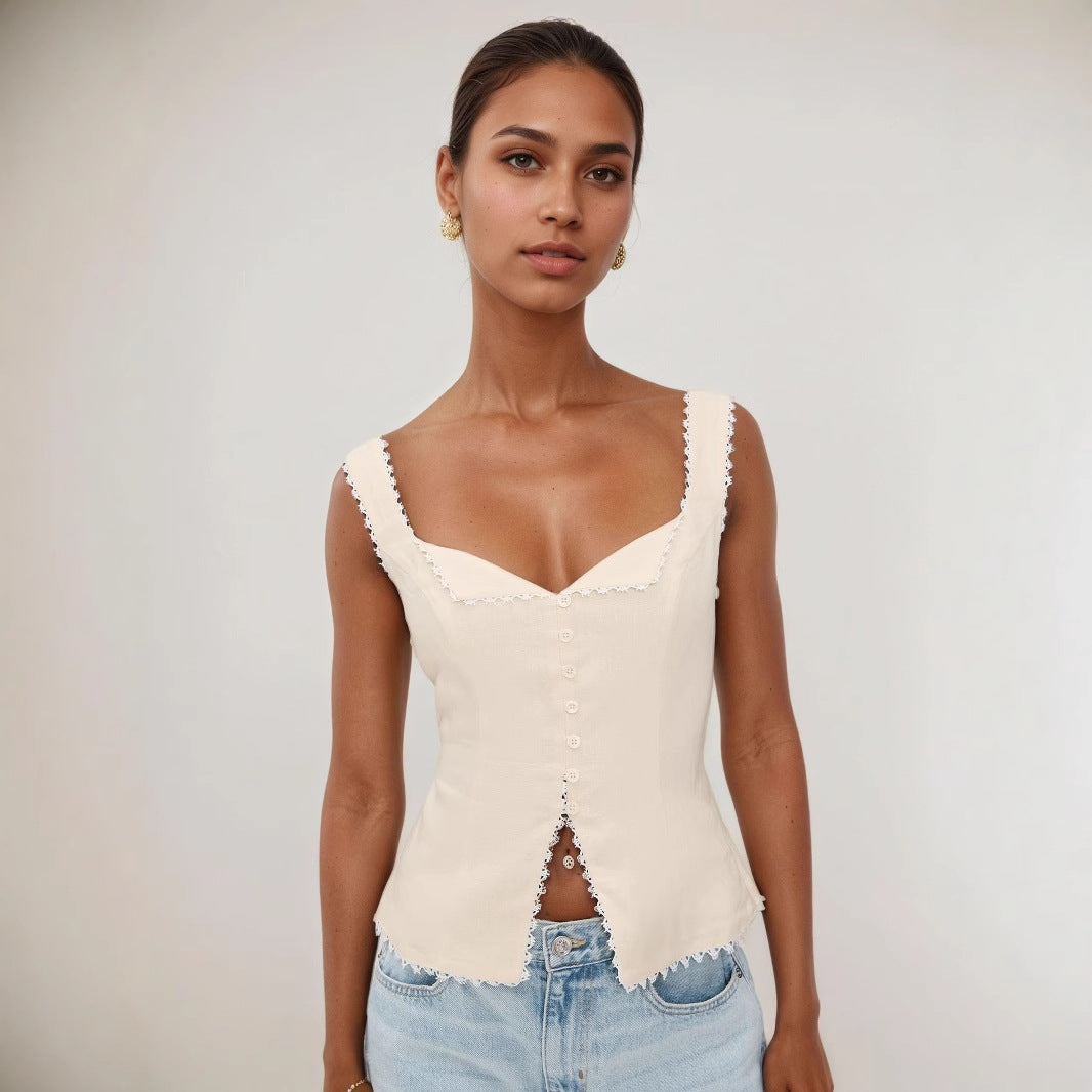 Women's French retro cotton and linen lace splicing fashion breasted suspenders solid color sleeveless vest top summer
