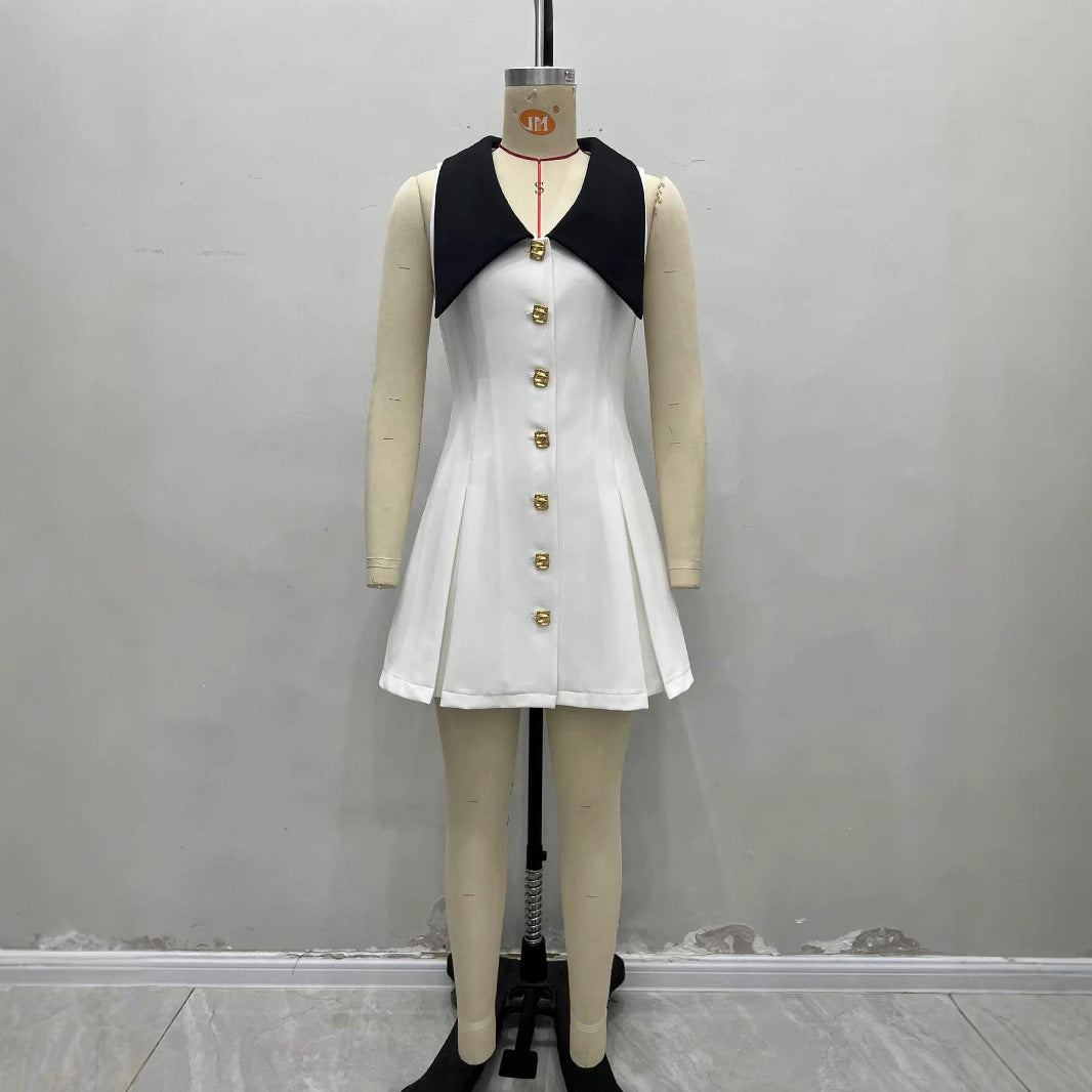 Metal buckle sleeveless temperament waist thin dress dress