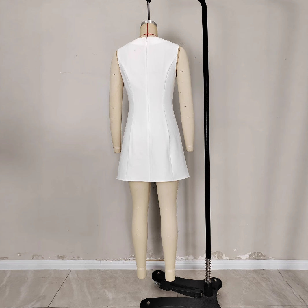 Sleeveless Crew Neck Button Up Solid Color Short Dress