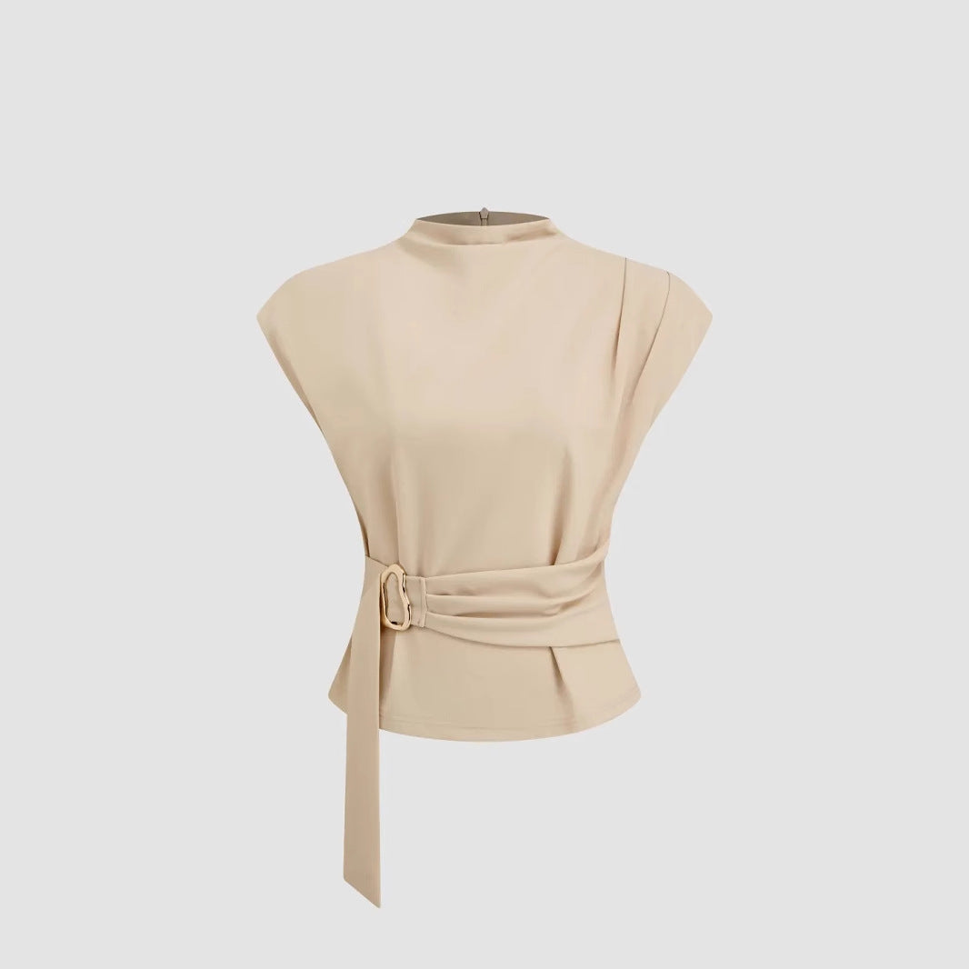 Semi-turtleneck collar short-sleeved beige fabric waist model