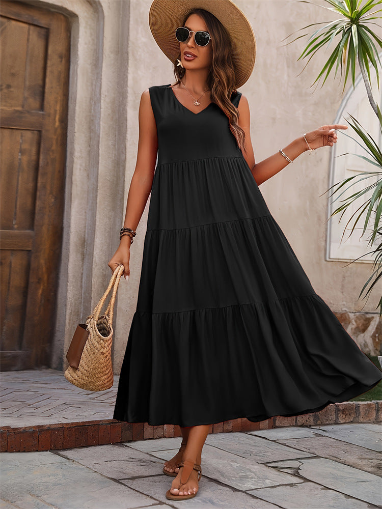 Solid color V-neck layered splicing hem loose dress, cake skirt