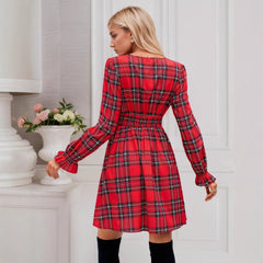 Bow deep V-neck lantern sleeve A-shaped skirt waist plaid dress