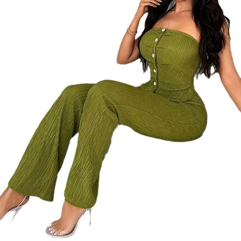 Elastic button decorative tube top flared casual pants set summer two-piece set high sense