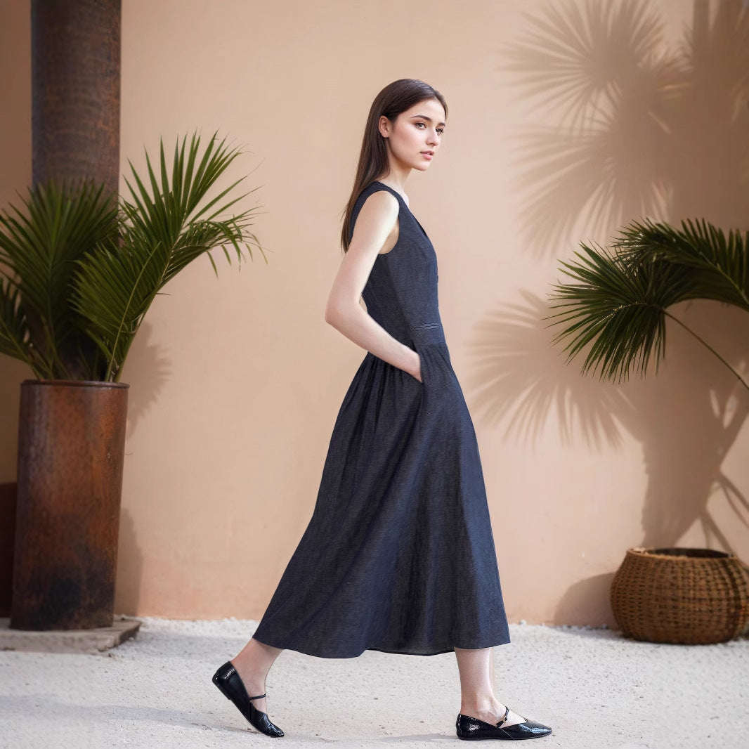 V-neck pocket mid-length dress loose sleeveless dress