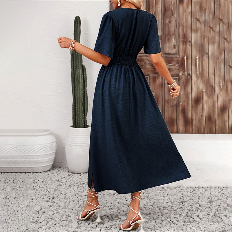 Lotus leaf sleeve split end elastic waist dress solid color long