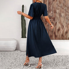 Lotus leaf sleeve split end elastic waist dress solid color long