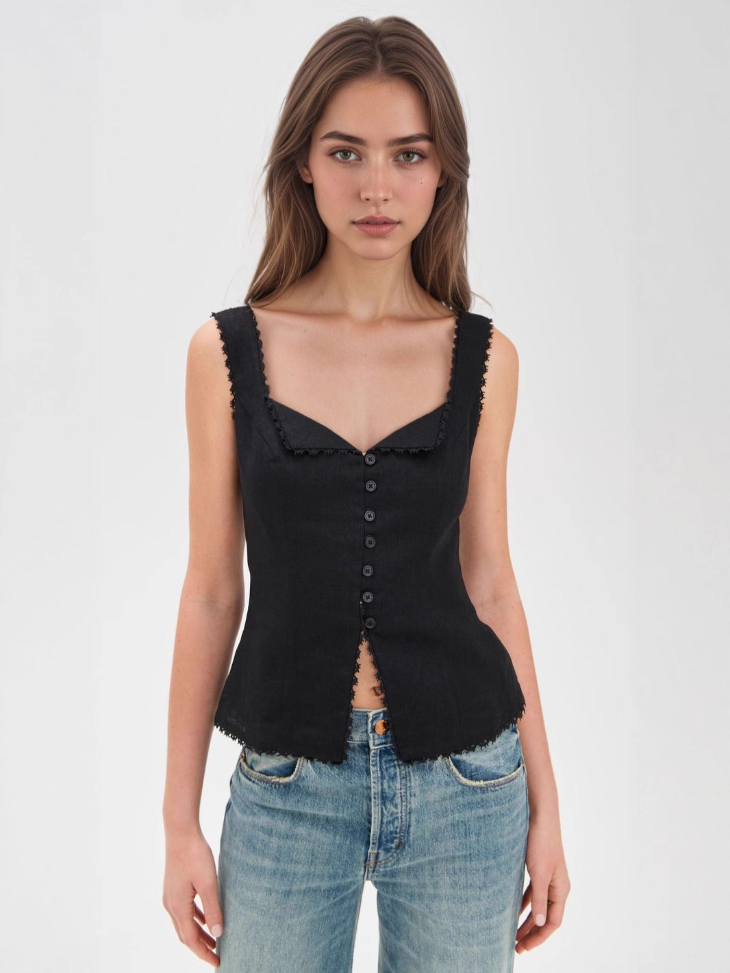 Women's French retro cotton and linen lace splicing fashion breasted suspenders solid color sleeveless vest top summer