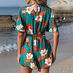 Beach Vacation Lotus Leaf Sleeve Cross Neck Belt Short Culottes Women's Loose Printed Jumpsuit
