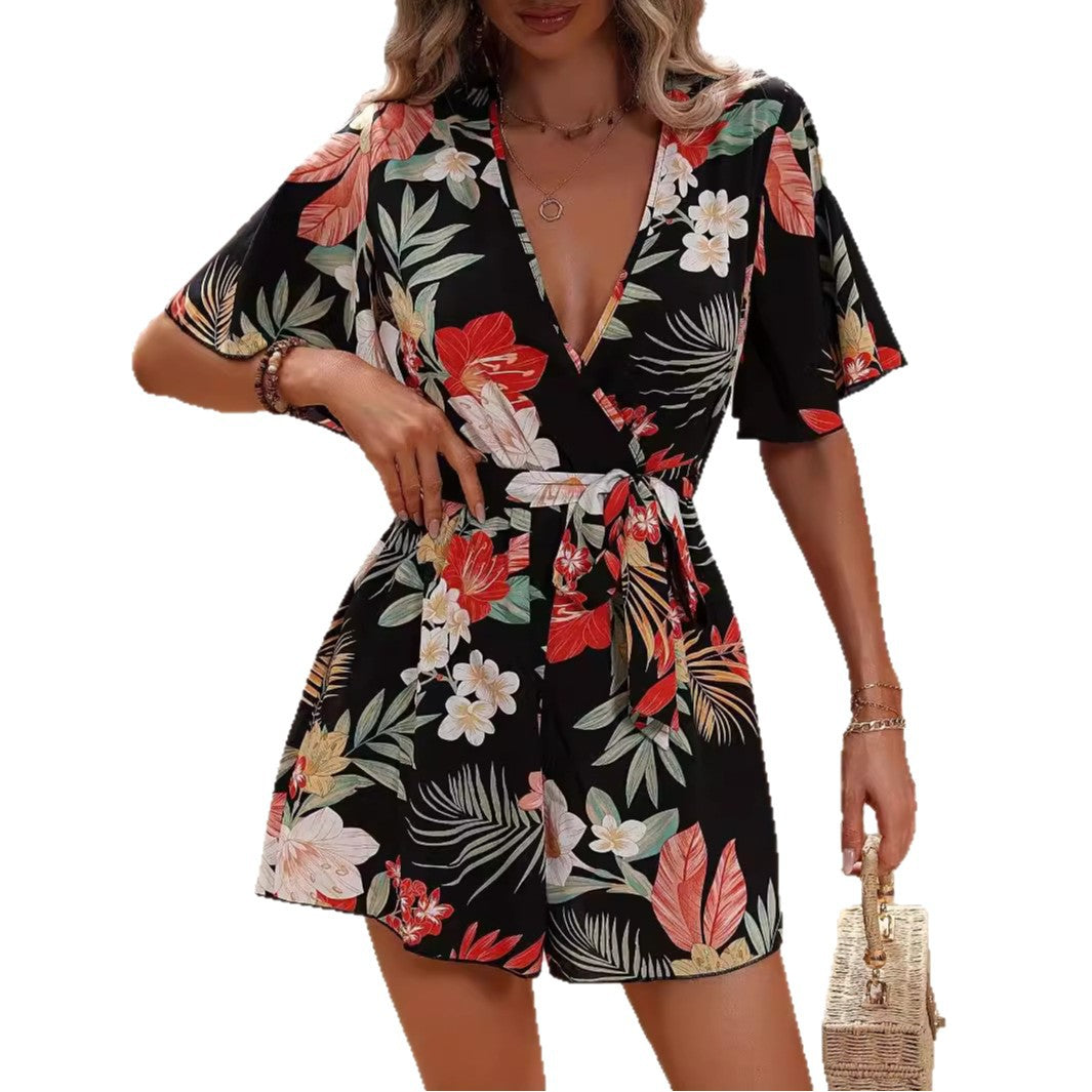 Beach Vacation Lotus Leaf Sleeve Cross Neck Belt Short Culottes Women's Loose Printed Jumpsuit