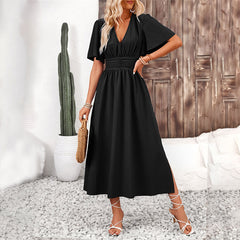 Lotus leaf sleeve split end elastic waist dress solid color long