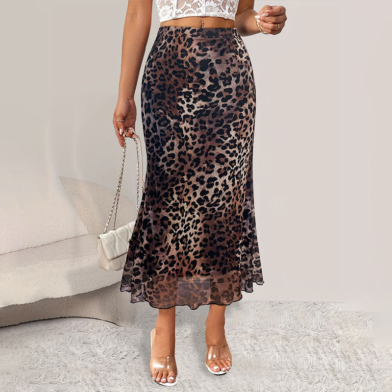 Leopard print elastic mesh see-through skirt foreign trade knitted versatile fishtail skirt long skirt