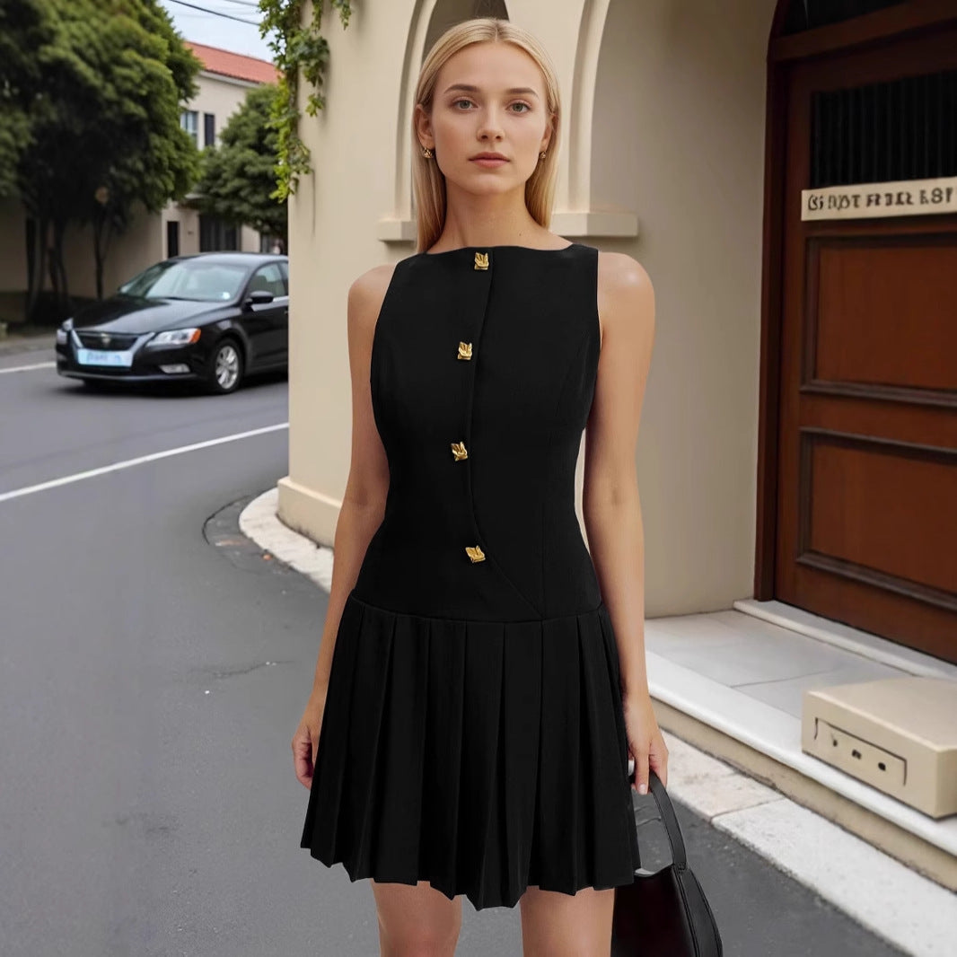 Personalized wide pendulum pleated waist solid color sleeveless short dress