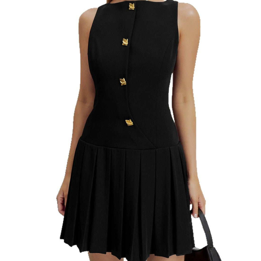 Personalized wide pendulum pleated waist solid color sleeveless short dress