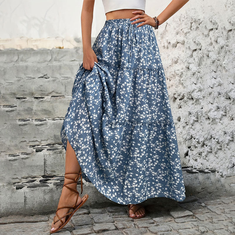 Small floral belt three-layer splicing long skirt