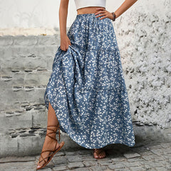 Small floral belt three-layer splicing long skirt