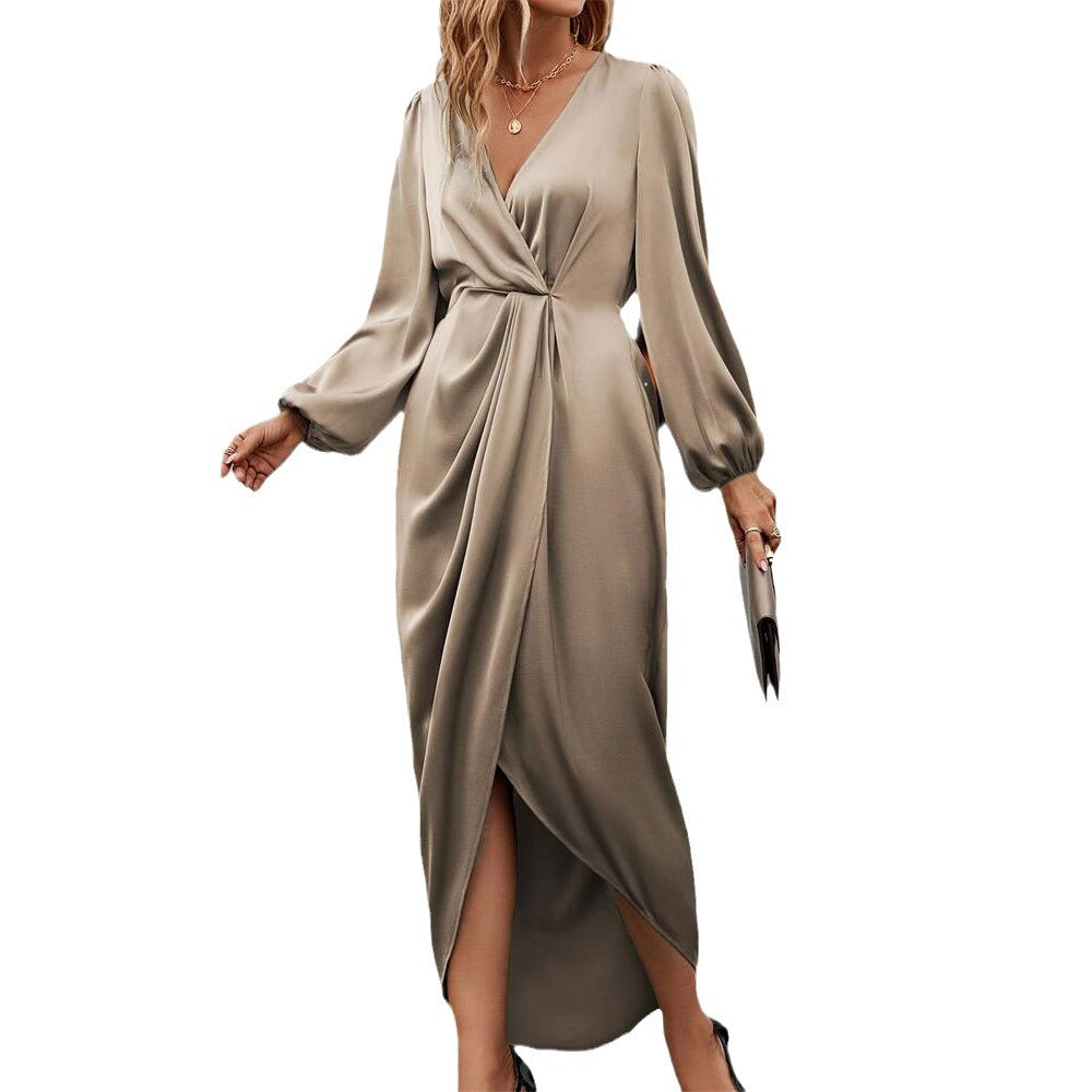 Cross-neck pleated split-ended bubble sleeves irregular long-sleeved dress
