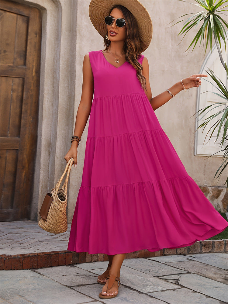 Solid color V-neck layered splicing hem loose dress, cake skirt