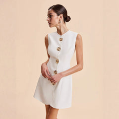 Sleeveless Crew Neck Button Up Solid Color Short Dress