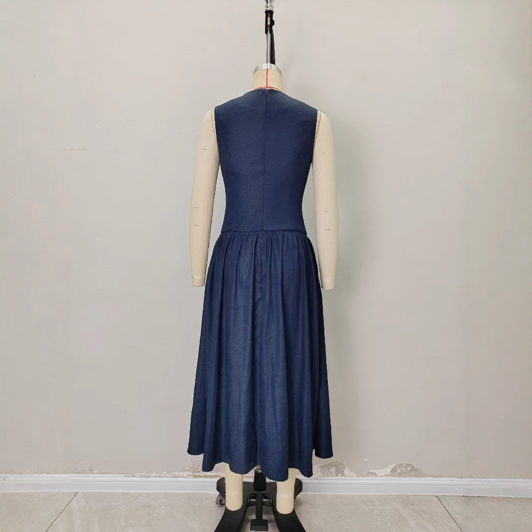 V-neck pocket mid-length dress loose sleeveless dress