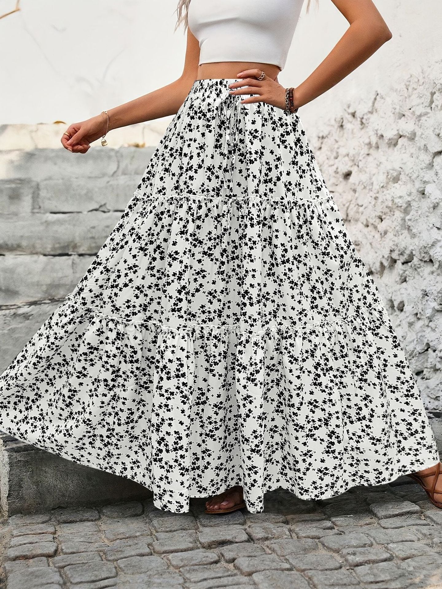 Small floral belt three-layer splicing long skirt