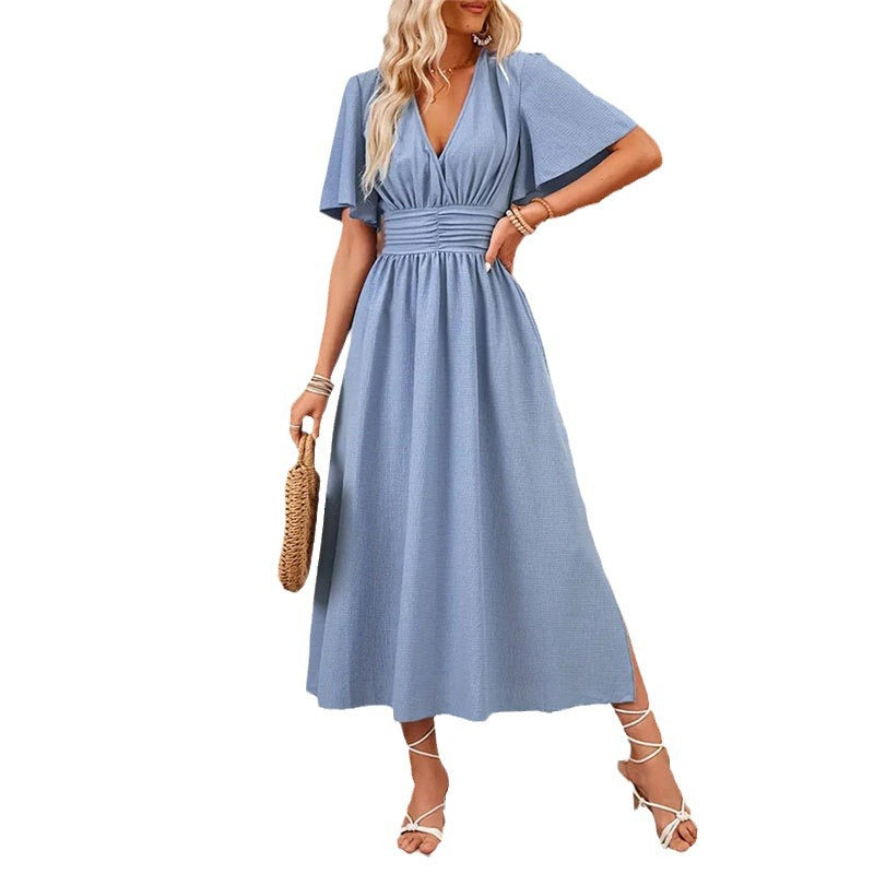 Lotus leaf sleeve split end elastic waist dress solid color long