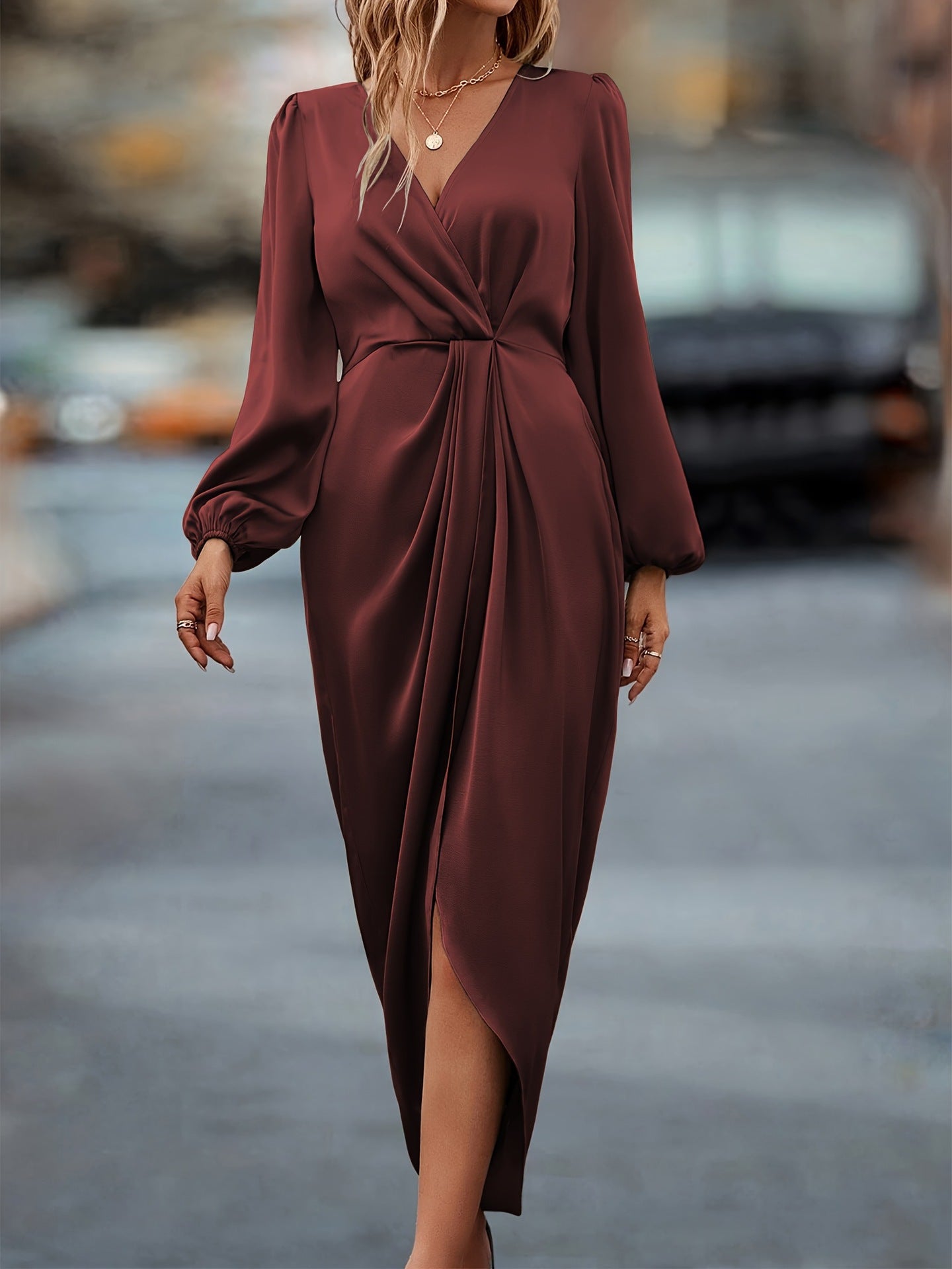 Cross-neck pleated split-ended bubble sleeves irregular long-sleeved dress