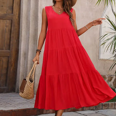 Solid color V-neck layered splicing hem loose dress, cake skirt