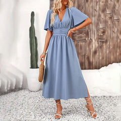 Lotus leaf sleeve split end elastic waist dress solid color long