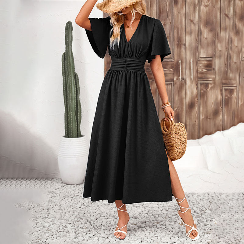 Lotus leaf sleeve split end elastic waist dress solid color long
