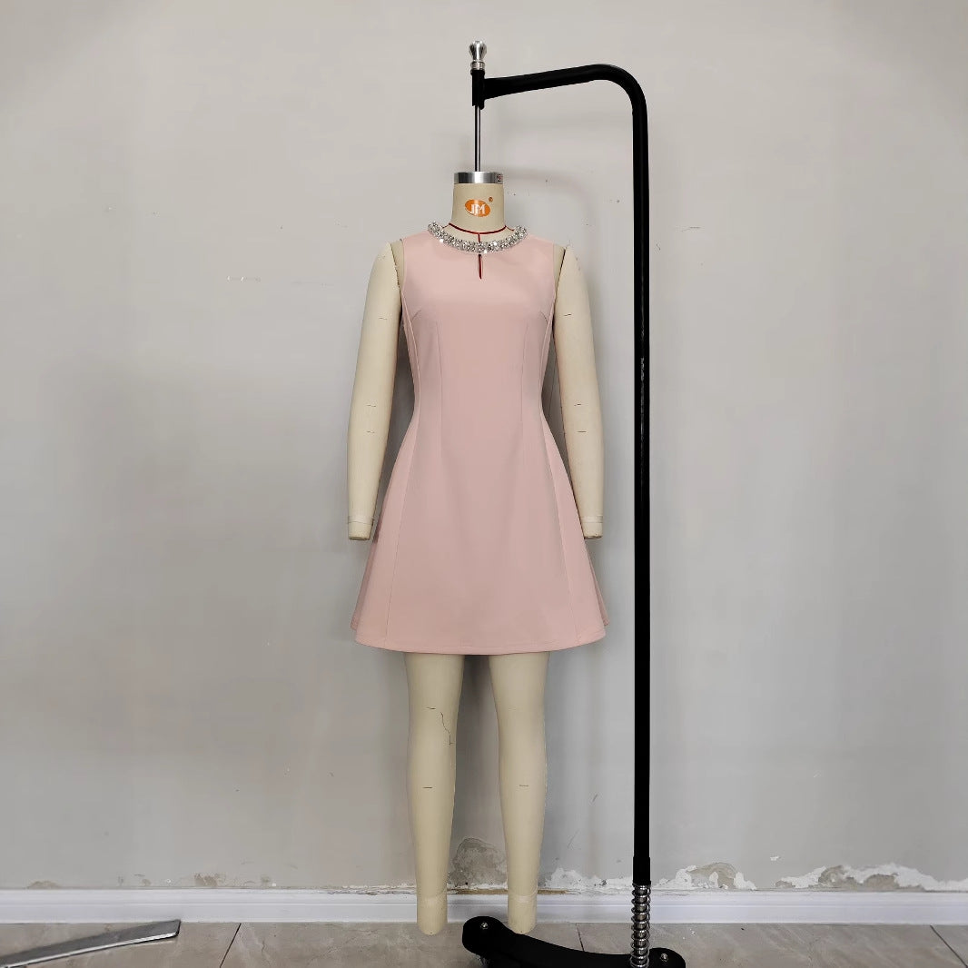 Light pink sleeveless bead dress neckline bright diamond dress