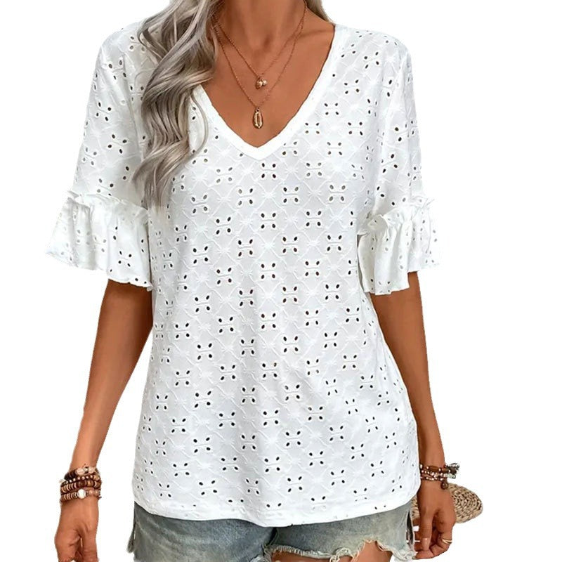 Knitted embroidered hollow ruffle V-neck short-sleeved top