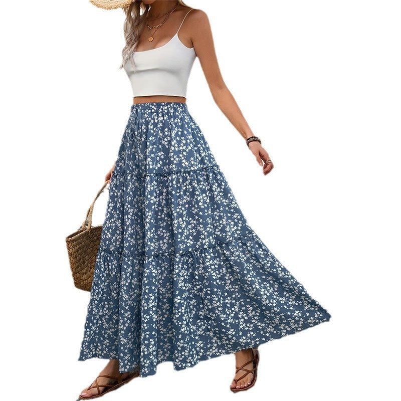 Small floral belt three-layer splicing long skirt