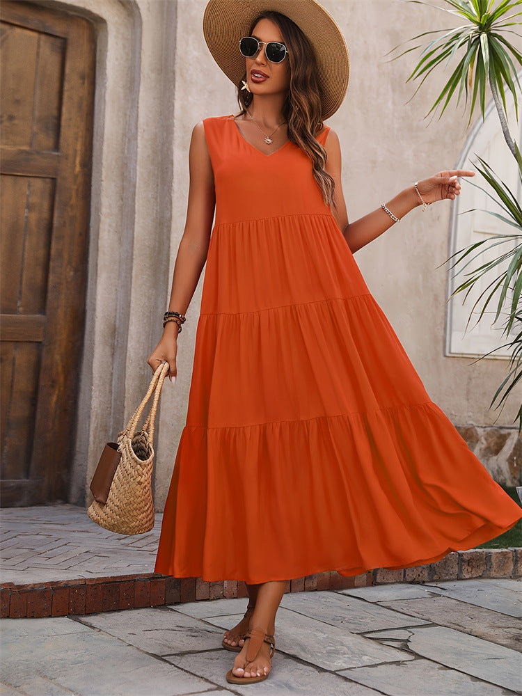 Solid color V-neck layered splicing hem loose dress, cake skirt