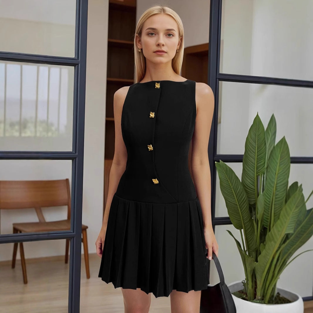 Personalized wide pendulum pleated waist solid color sleeveless short dress