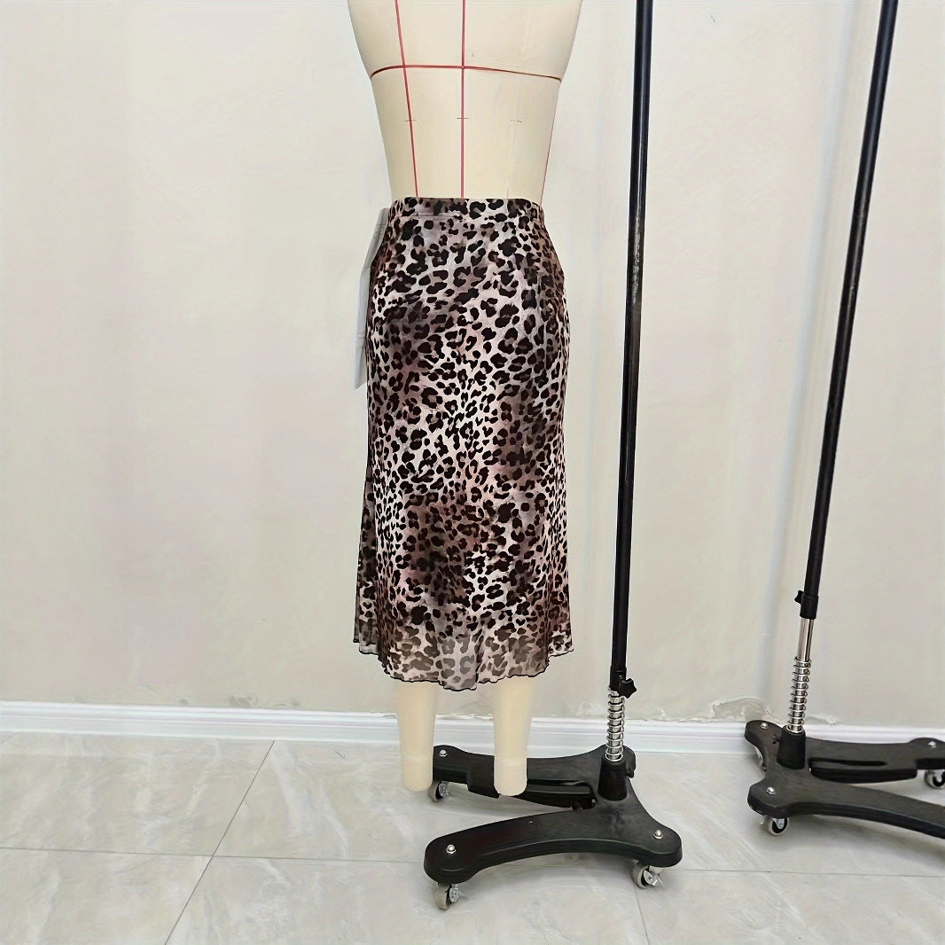Leopard print elastic mesh see-through skirt foreign trade knitted versatile fishtail skirt long skirt