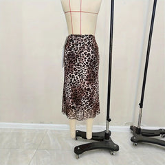 Leopard print elastic mesh see-through skirt foreign trade knitted versatile fishtail skirt long skirt