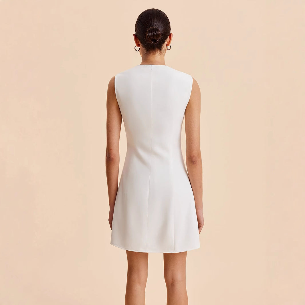 Sleeveless Crew Neck Button Up Solid Color Short Dress