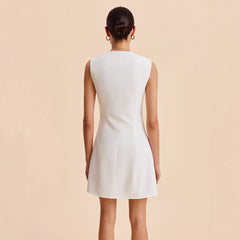 Sleeveless Crew Neck Button Up Solid Color Short Dress