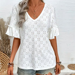Knitted embroidered hollow ruffle V-neck short-sleeved top