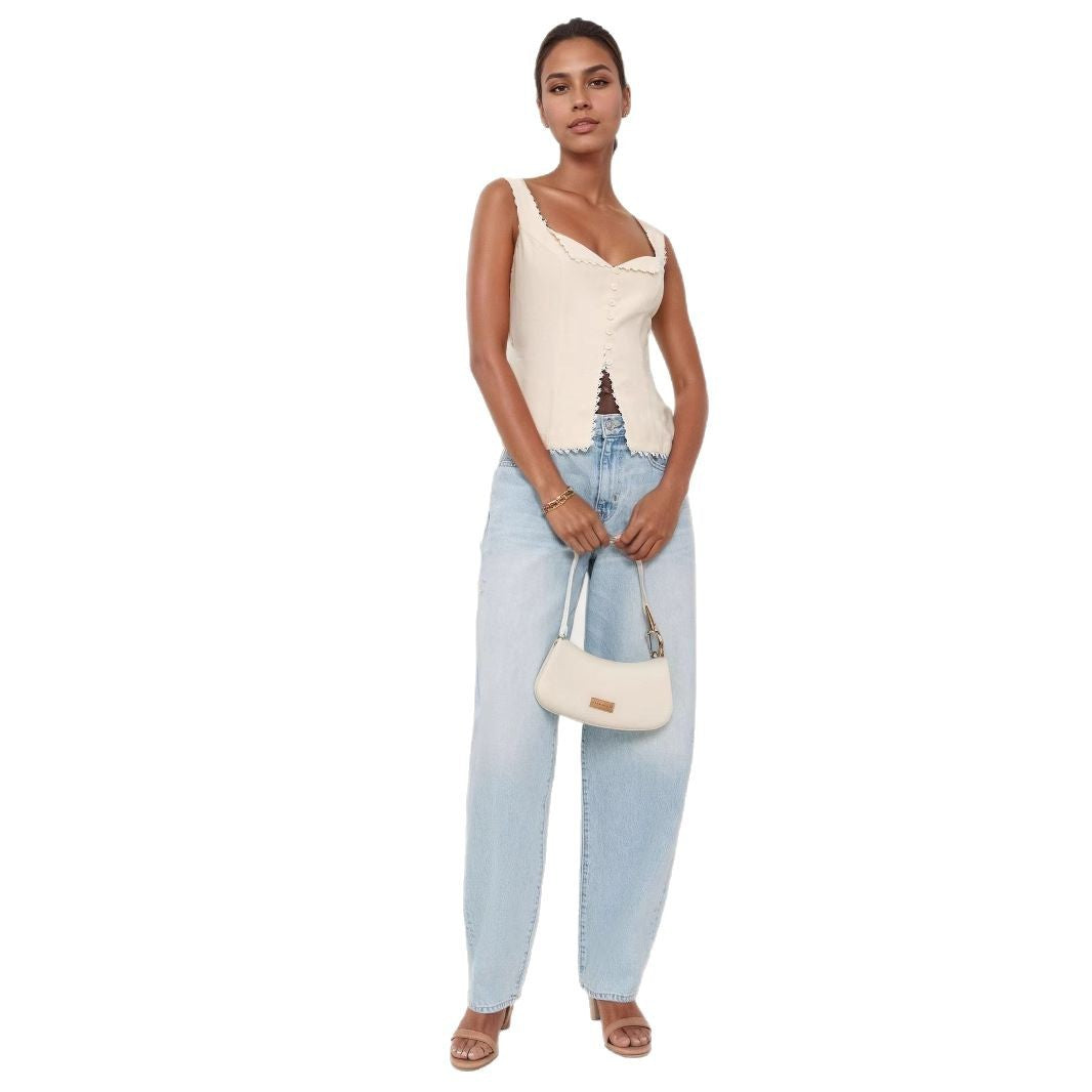 Women's French retro cotton and linen lace splicing fashion breasted suspenders solid color sleeveless vest top summer