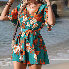Beach Vacation Lotus Leaf Sleeve Cross Neck Belt Short Culottes Women's Loose Printed Jumpsuit