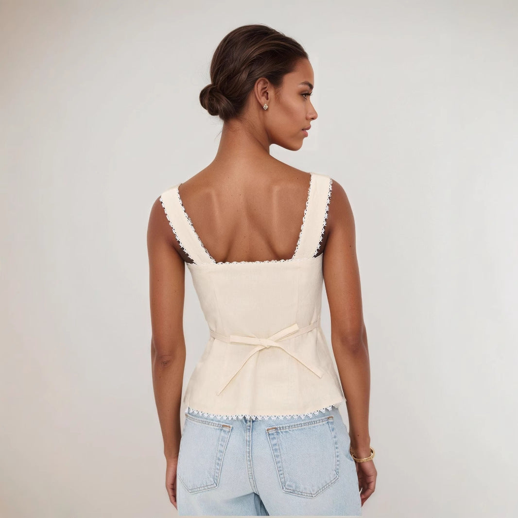 Women's French retro cotton and linen lace splicing fashion breasted suspenders solid color sleeveless vest top summer