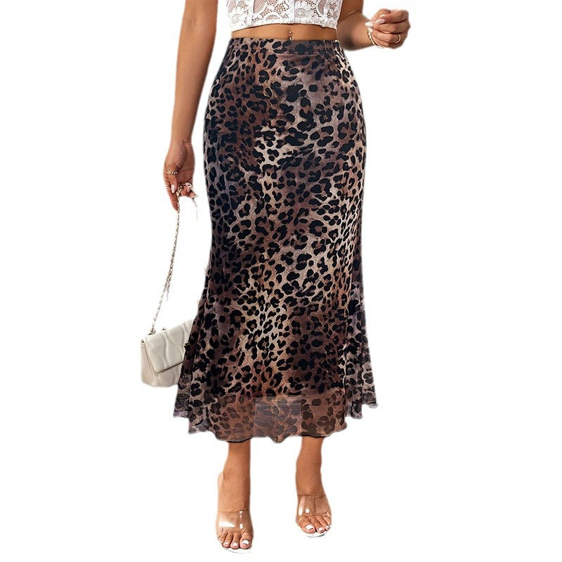 Leopard print elastic mesh see-through skirt foreign trade knitted versatile fishtail skirt long skirt