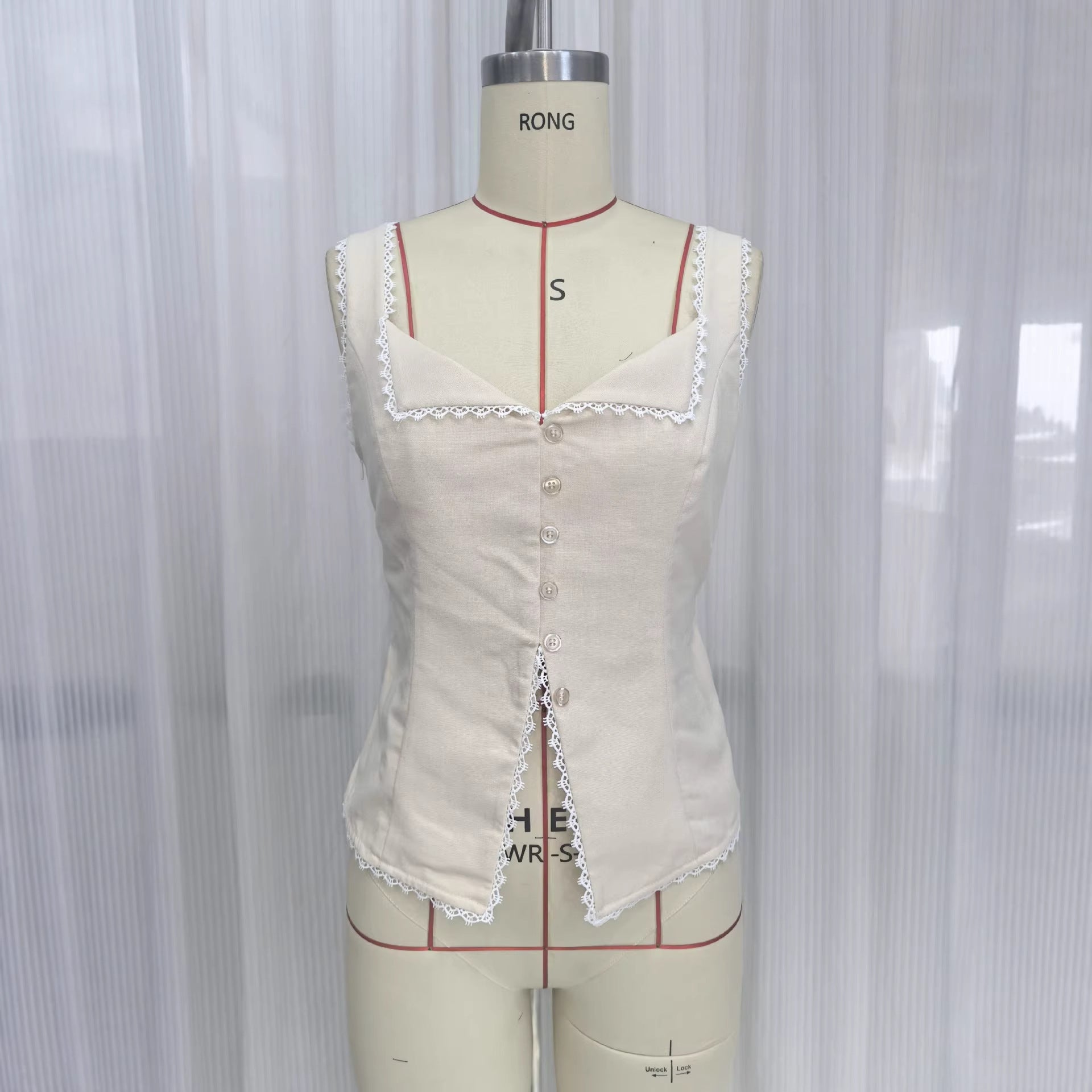 Women's French retro cotton and linen lace splicing fashion breasted suspenders solid color sleeveless vest top summer