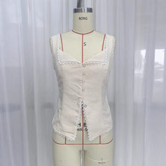 Women's French retro cotton and linen lace splicing fashion breasted suspenders solid color sleeveless vest top summer