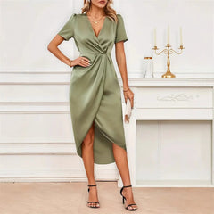 Satin Short Sleeve Wrap Cross Neck Dress Long Irregular Skirt
