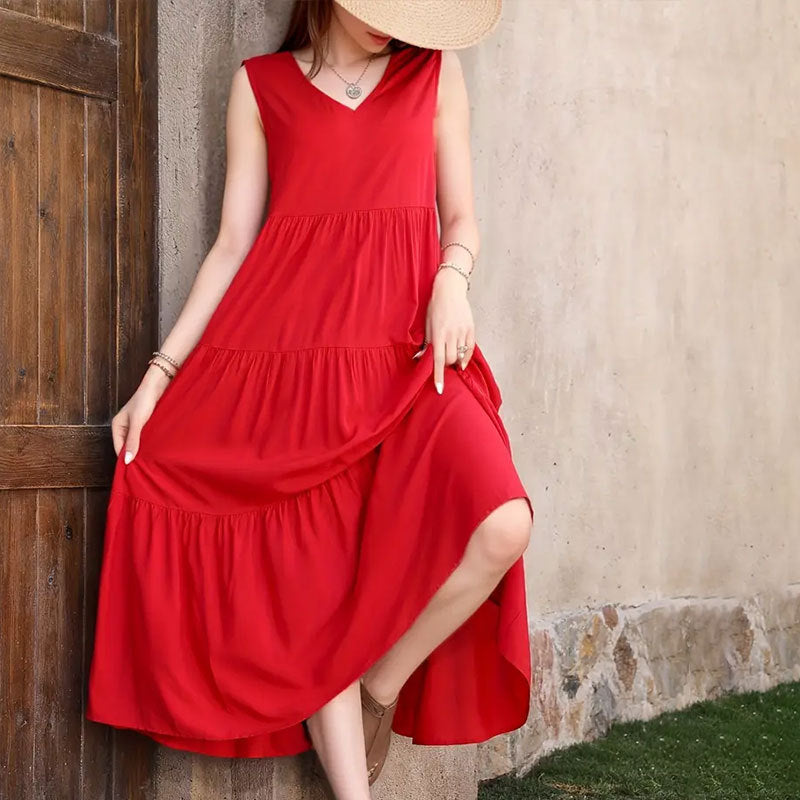 Solid color V-neck layered splicing hem loose dress, cake skirt