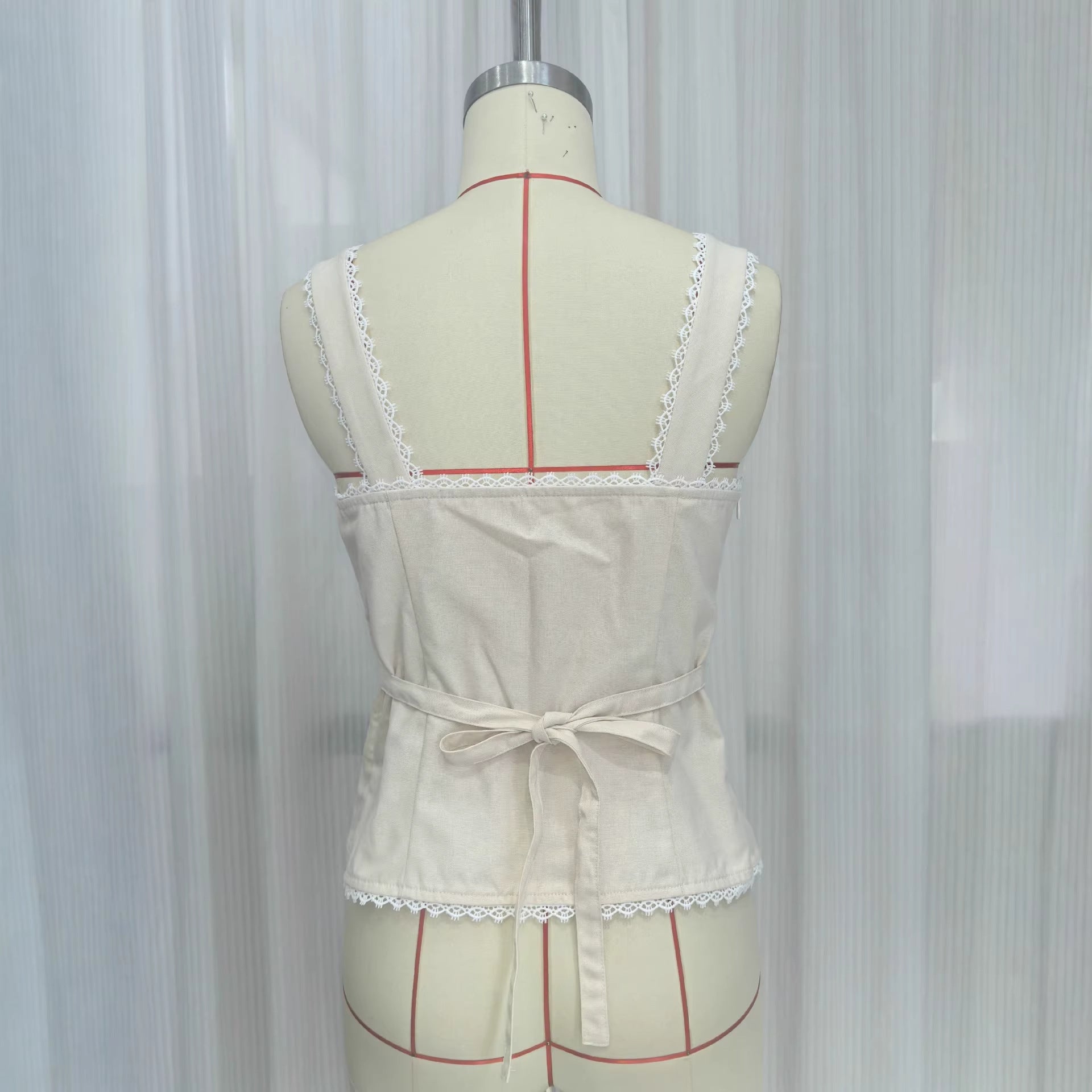 Women's French retro cotton and linen lace splicing fashion breasted suspenders solid color sleeveless vest top summer