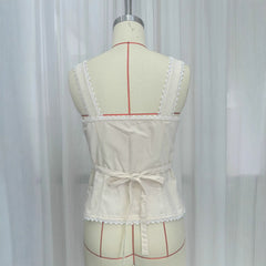 Women's French retro cotton and linen lace splicing fashion breasted suspenders solid color sleeveless vest top summer