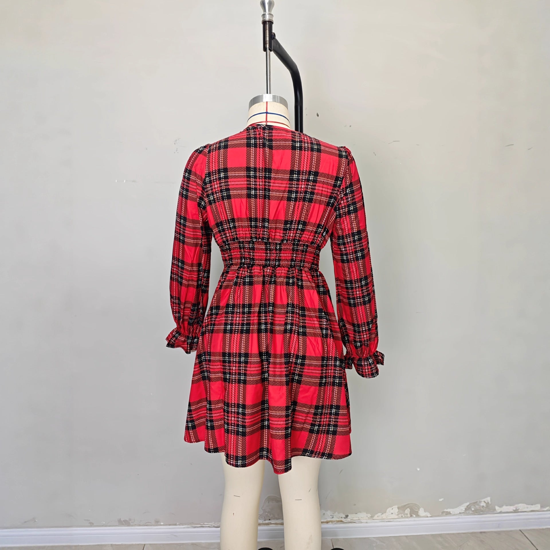 Bow deep V-neck lantern sleeve A-shaped skirt waist plaid dress
